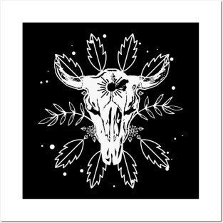 Boho Feathered Cow Skull Posters and Art